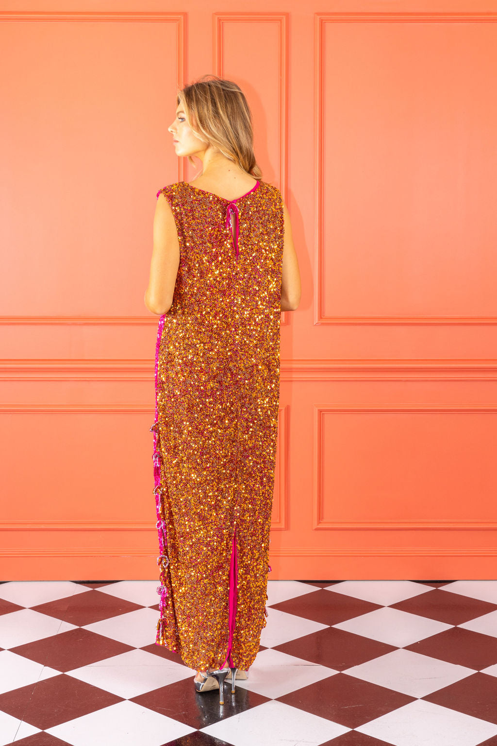 two-tone beaded sequin maxi a-line dress