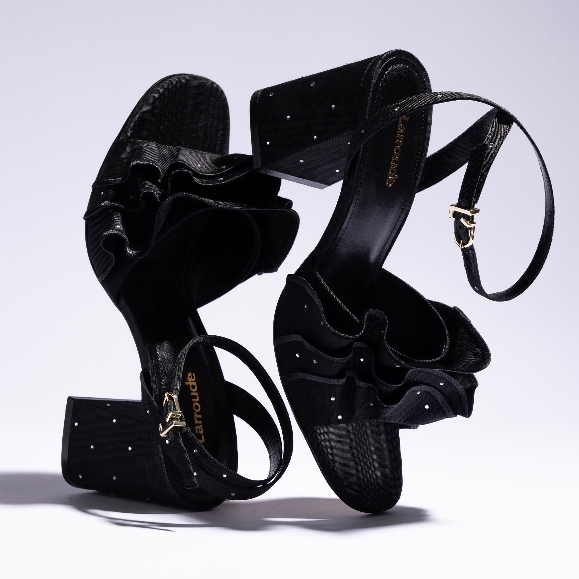 Selena Ruffle Sandal In Black Fabric and Crystals