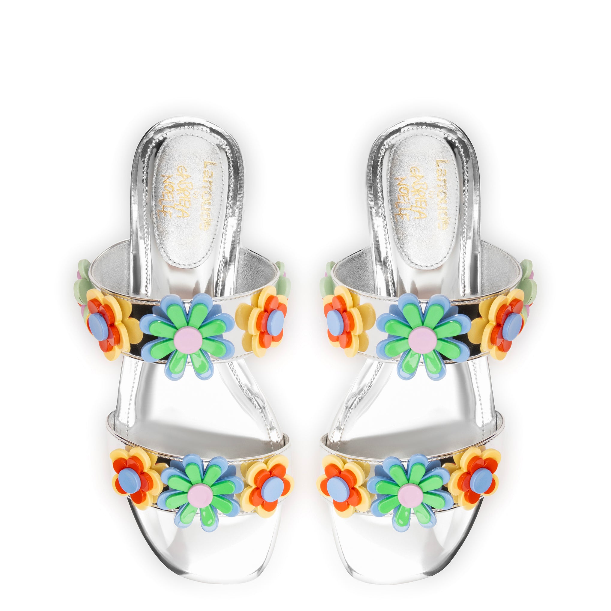 Larroudé x Gabriela Noelle: Blossom Flat Sandal In Silver Specchio and Multicolor Acrylic