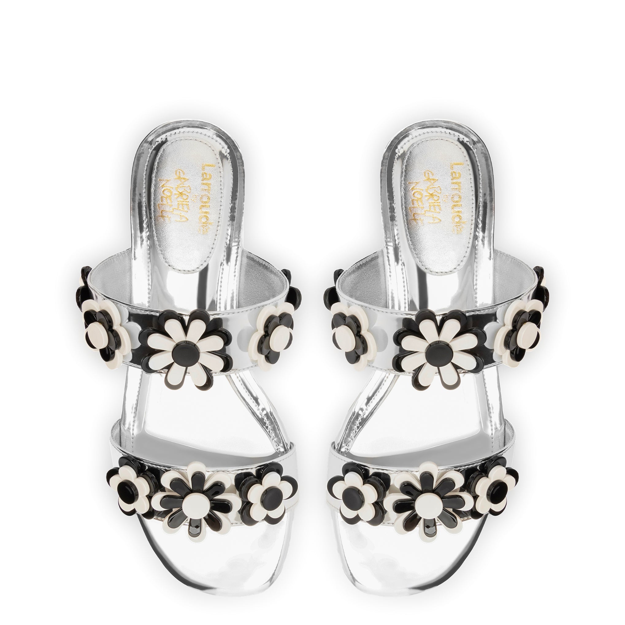 Larroudé x Gabriela Noelle: Blossom Flat Sandal In Silver Specchio and Black and White Acrylic