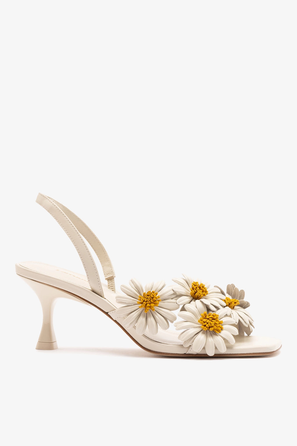 Off white leather slingback sandal with mid heel and floral