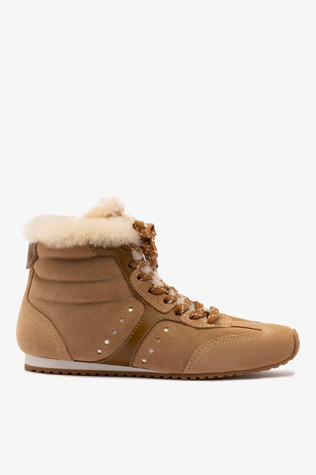 Stella Mid Sneaker In Peanut Suede And Natural Shearling – Larroude