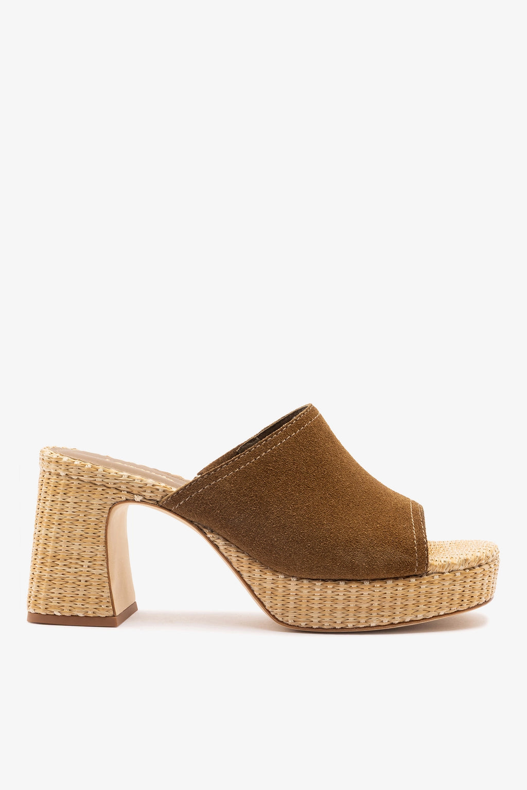 Brown suede mule with low block heel and natural raffia platform