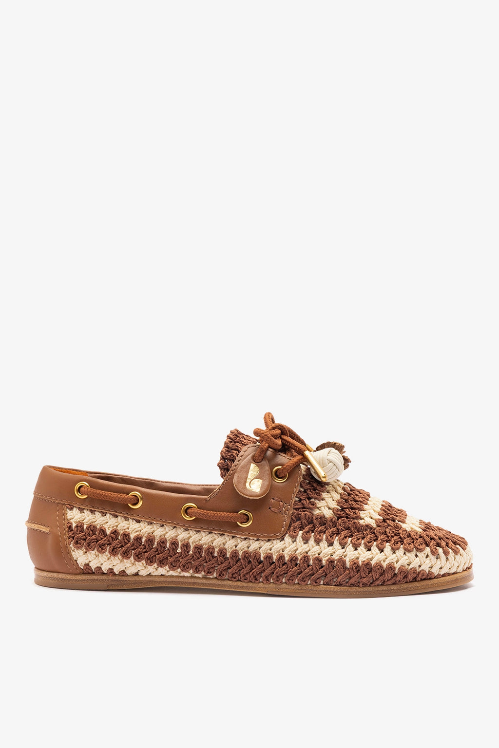Larroudé Cyprus Crochet Boat Shoe - Caramel & Ivory Crochet – Larroude