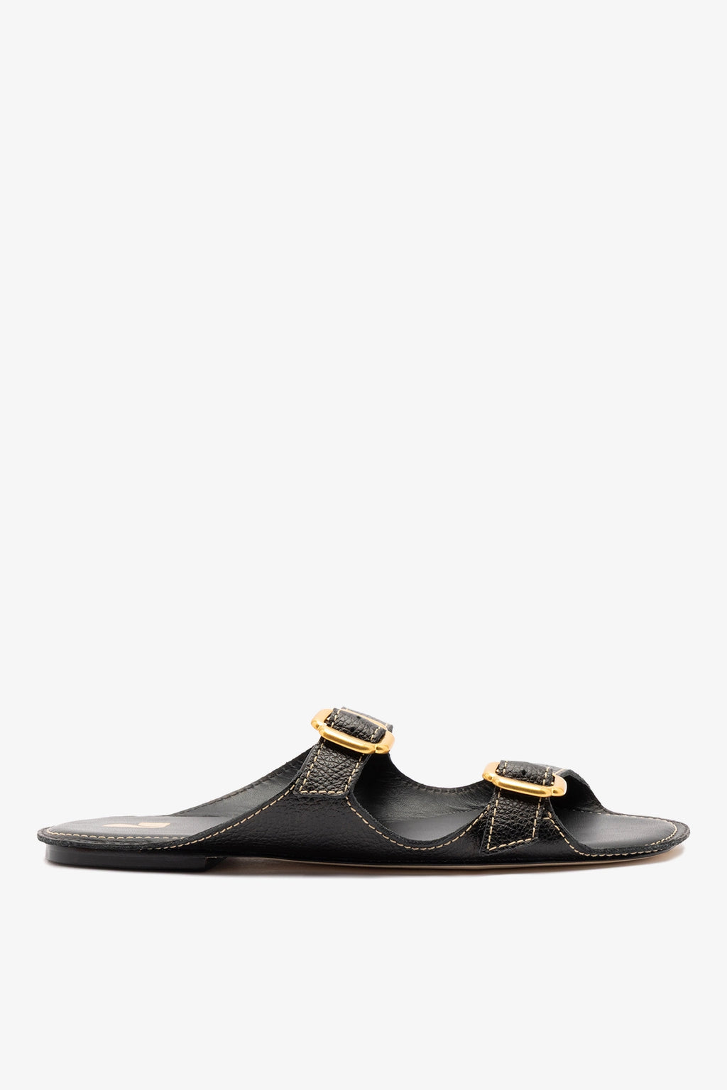 Black leather flat sandal with gold-tone buckles and slip-on