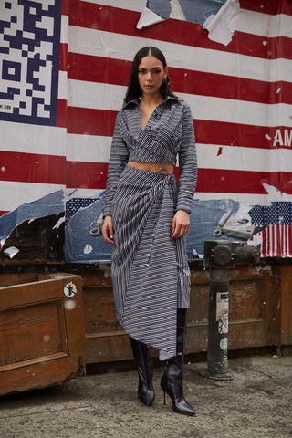 Ayesha Pleated Wrap Skirt In Black and White Striped Cotton