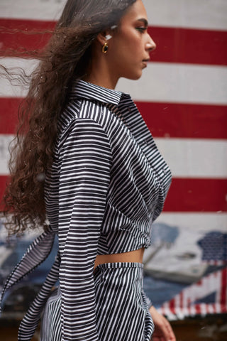 Rose Wrap Top In Black and White Striped Cotton