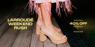 Model wearing woven raffia platform mule sandals with block heels, standing beside a pool. Promotional banner advertising a 40% discount on the raffia collection.