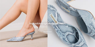 Larroudé snakeskin mule pumps with sculpted heels shown in a lifestyle scene alongside a detailed product close-up.