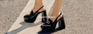 Close-up of a person wearing black patent platform slingback heels with gold hardware, standing on a sunlit sidewalk, with the text “Season to Season” and “Shop platforms” overlaid on the image.