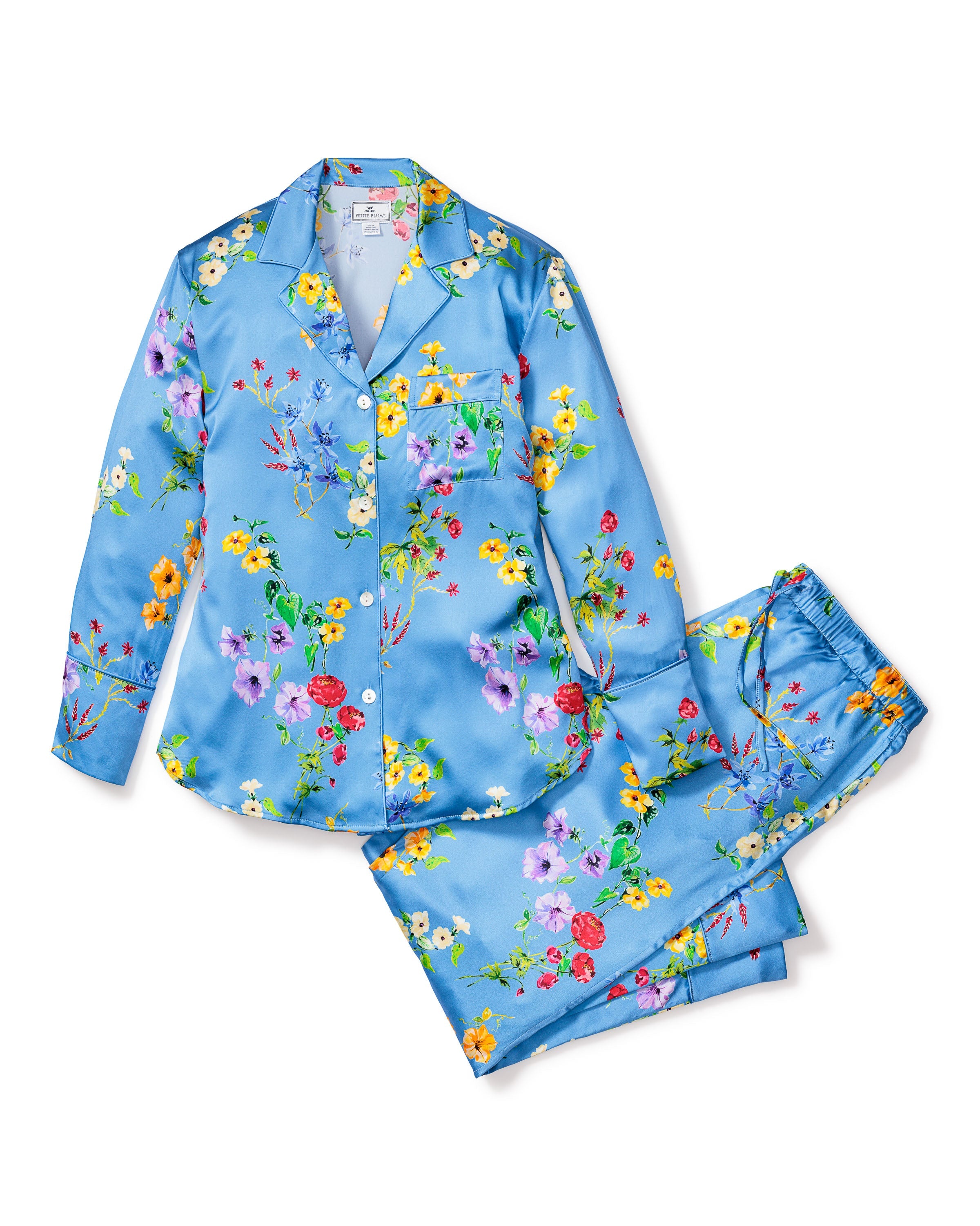 Women's Silk Pajama Set in Brilliant Botanical Azure