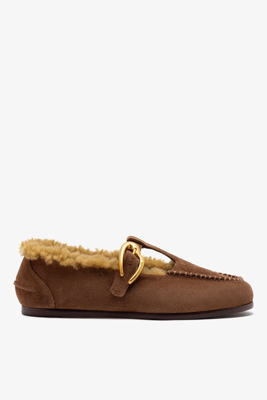 Hydra Shearling Moccasin Burnt Umber Suede Mule Larroudé