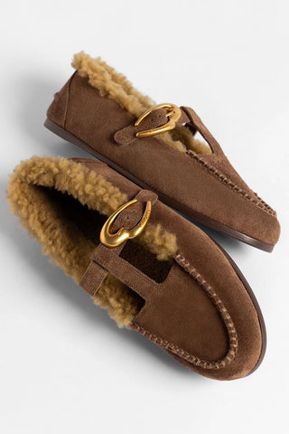 Hydra Shearling Moccasin Burnt Umber Suede Mule Larroudé