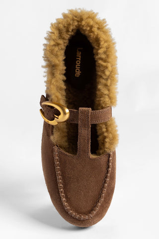 Hydra Shearling Moccasin Burnt Umber Suede Mule Larroudé