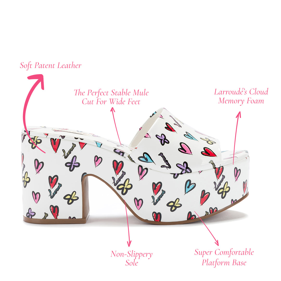 Miso Platform Sandal In White Heart Printed Leather