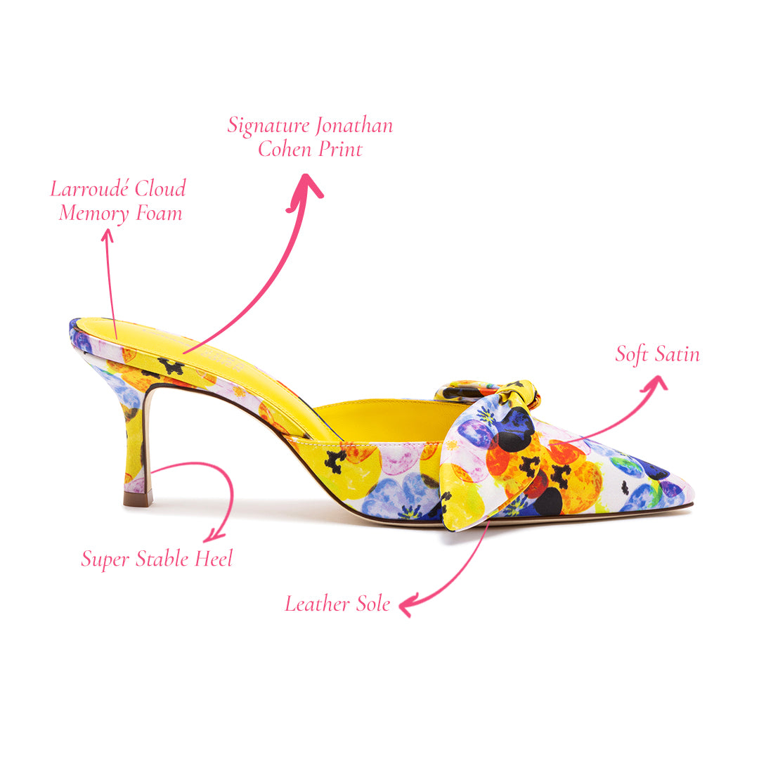 Larroudé for Jonathan Cohen: Tie Mule In Yellow and Violet Flower Satin