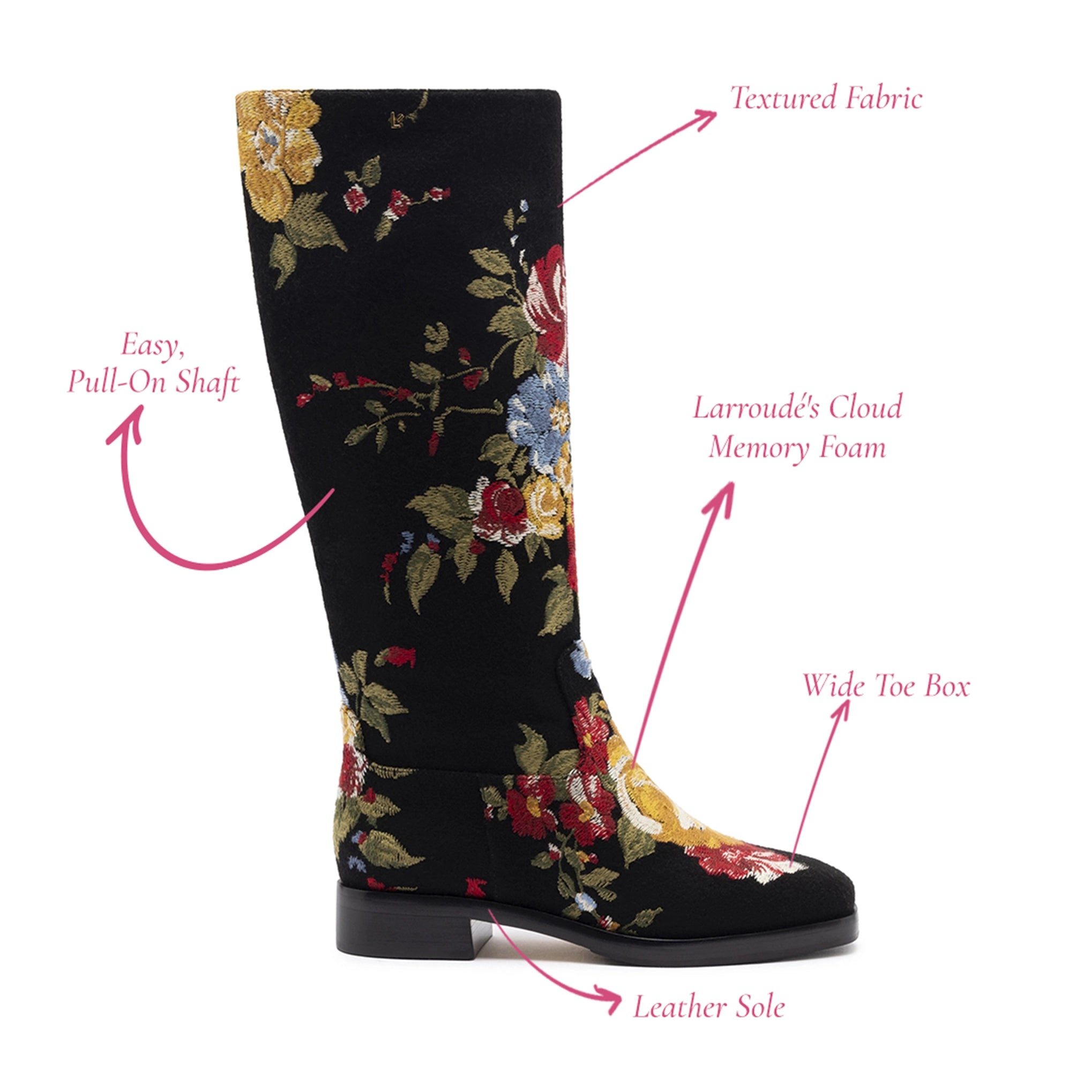 Larroudé x Markarian Flat Boot In Black Wool and Floral Embroidery