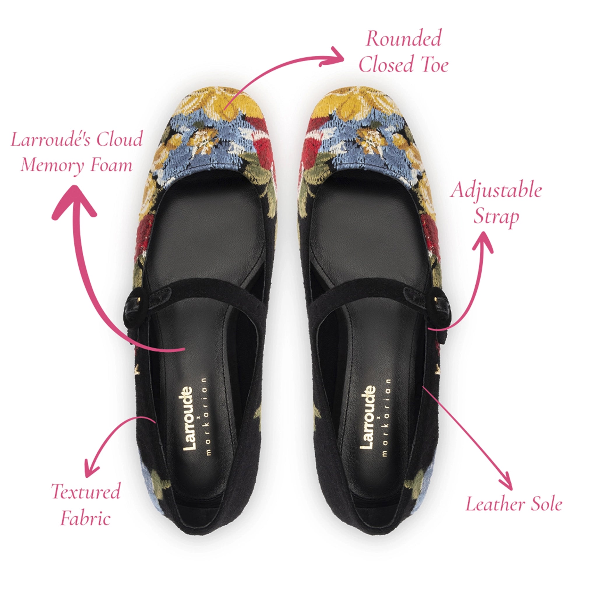 Larroudé x Markarian Flat In Floral Wool and Black Embroidery