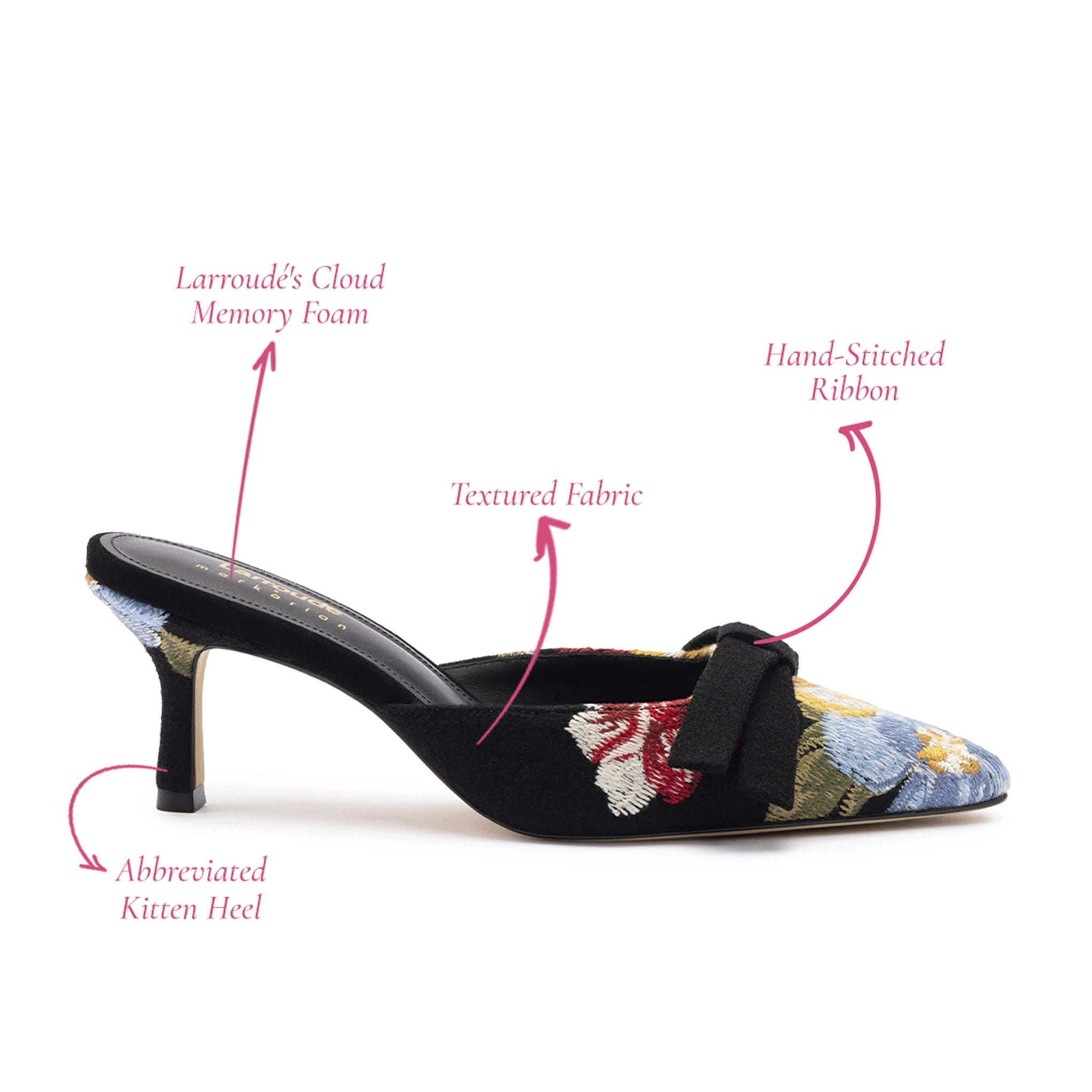 Larroudé x Markarian Mule In Black Wool and Floral Embroidery