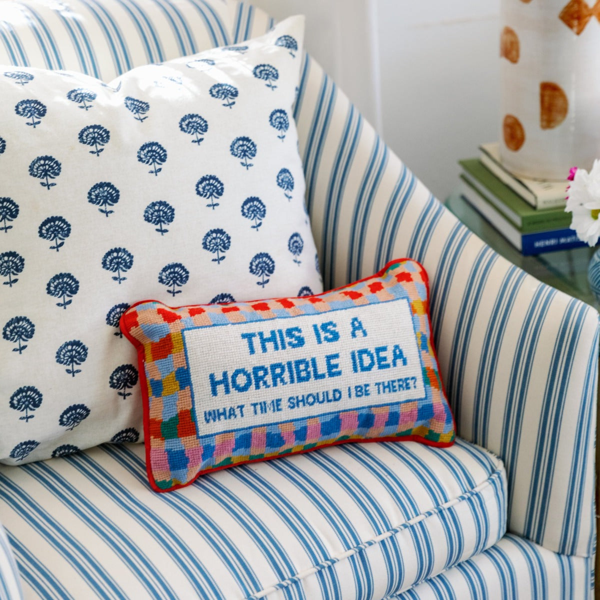 Horrible Idea Needlepoint Pillow from Furbish Studio curated by Marina Larroude