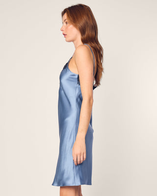 Women's Silk Lace Slip Dress in Mystique Blue