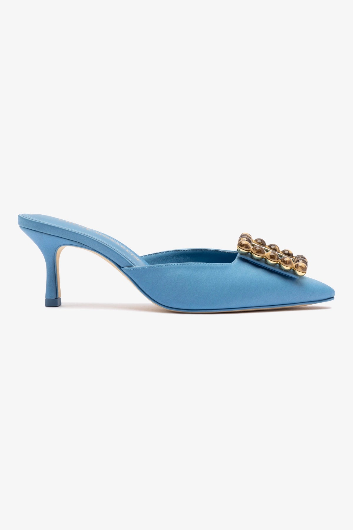 Chloe Gosselin by Larroudé Ava Mule In Blue Satin – Larroude