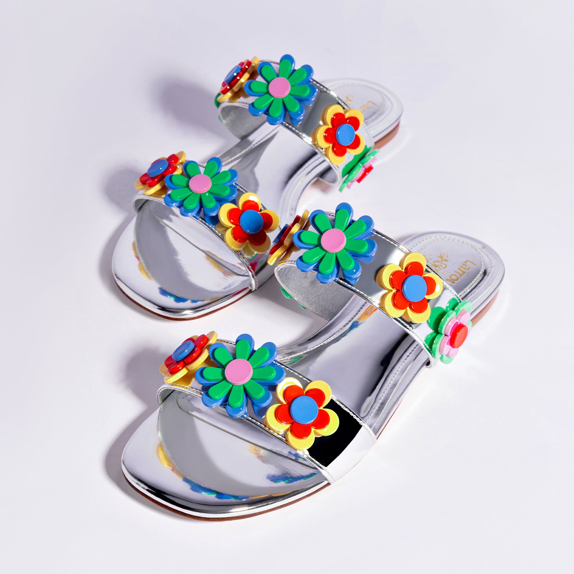 Larroudé x Gabriela Noelle: Blossom Flat Sandal In Silver Specchio and Multicolor Acrylic