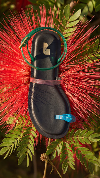 Black flip-flop sandal displayed over a bright red tropical flower with colorful plastic accessories on the straps.