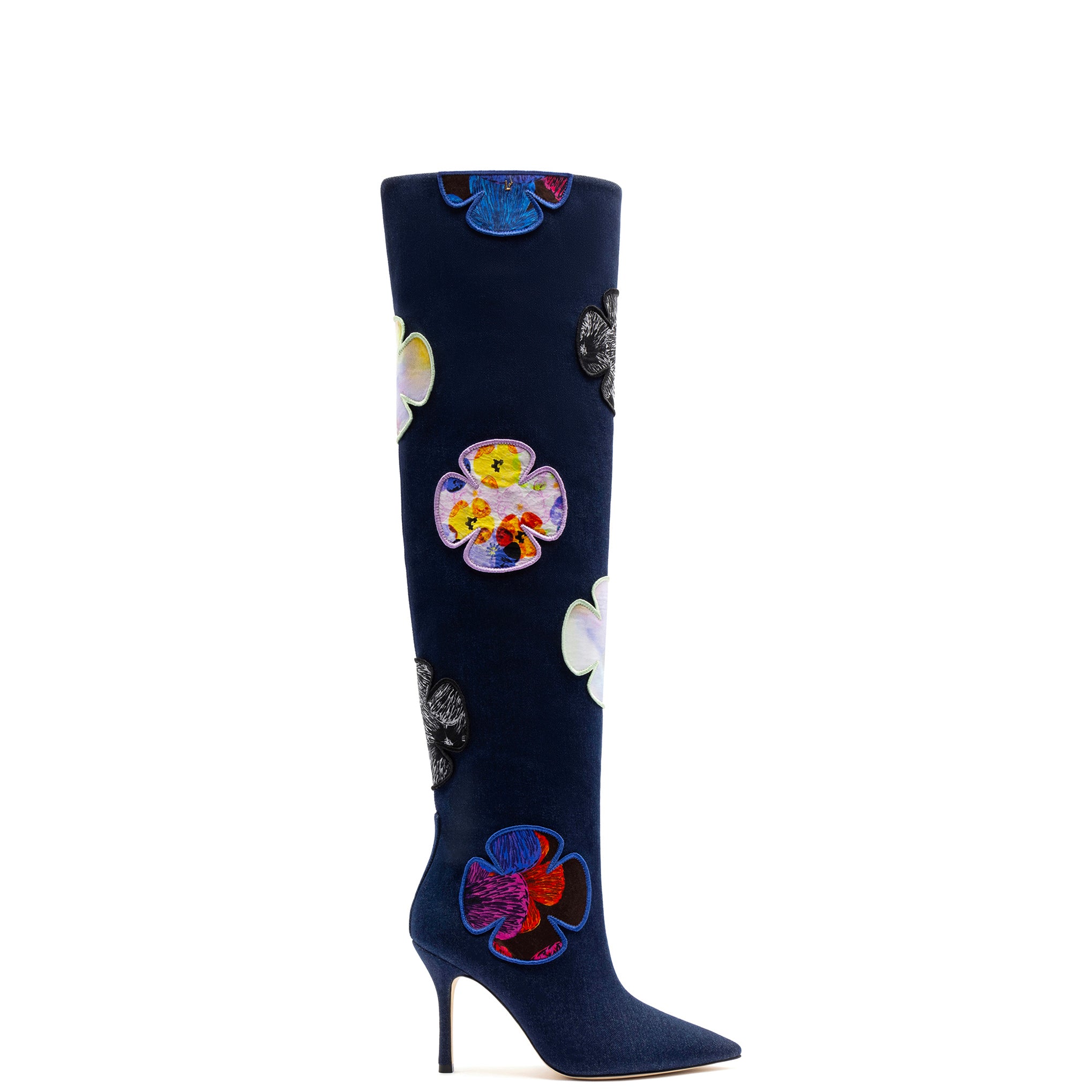 Larroudé for Jonathan Cohen: Kate Boot In Blue Denim and Multicolor Patchwork