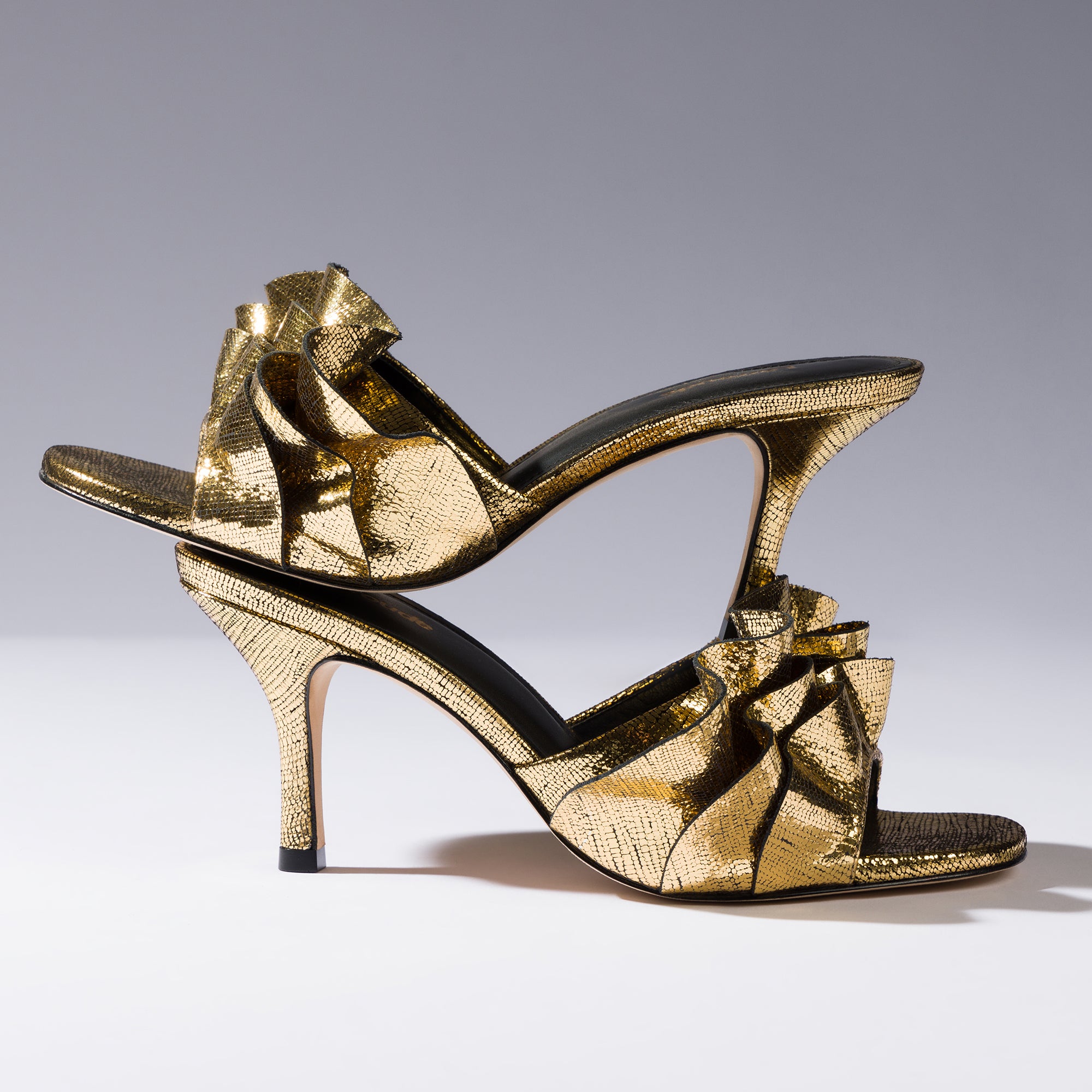 Colette Ruffle Mule In Gold Cracked Metallic Leather