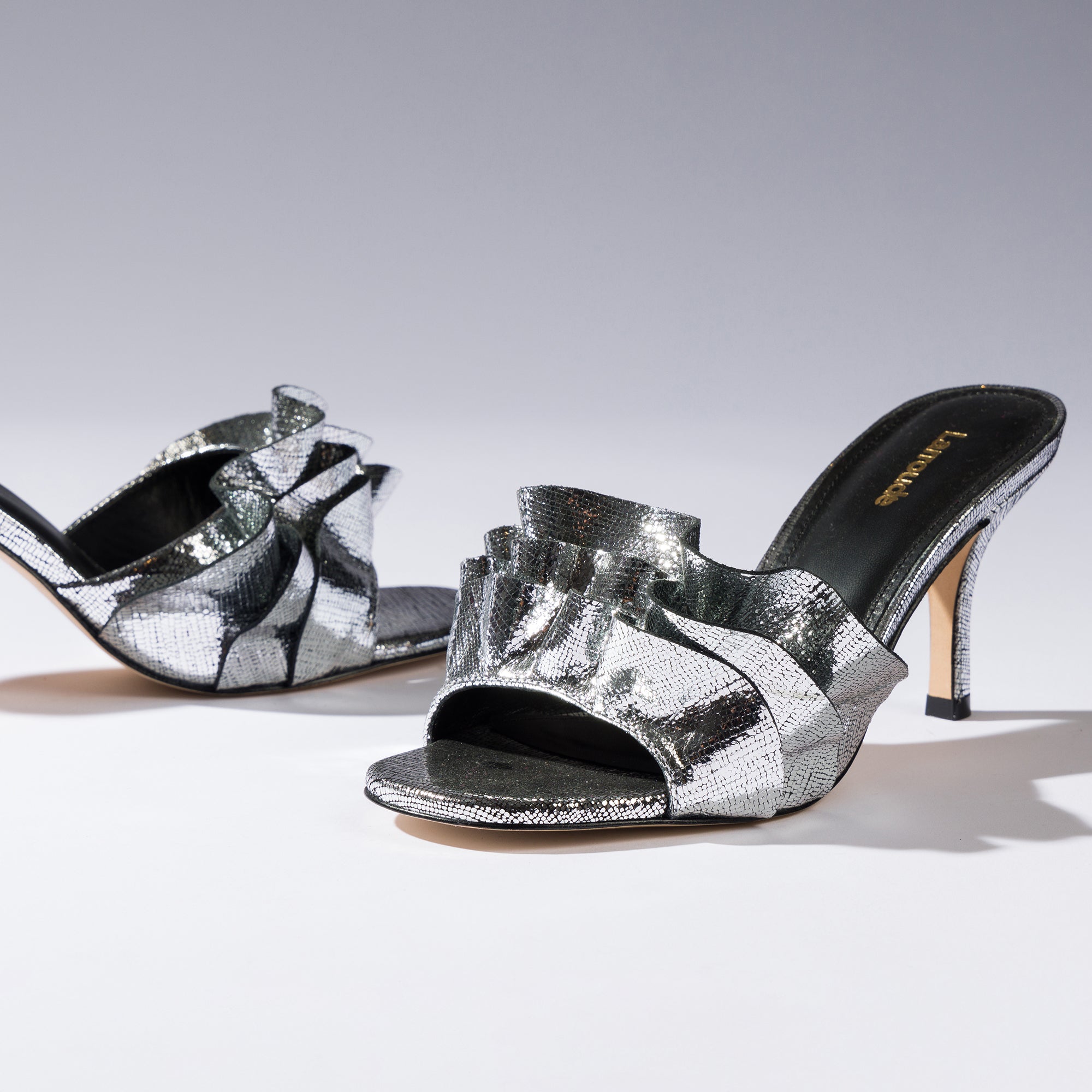 Colette Ruffle Mule In Silver Cracked Metallic Leather