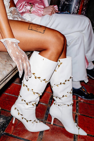 Larroudé x Tanner Fletcher: Kate Mid Rose Vines Boot Ivory Leather Boot Larroudé x Tanner Fletcher