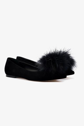 Lee Pompom Flat In Black Suede