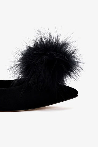 Lee Pompom Flat In Black Suede