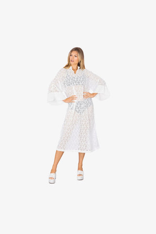 Larroudé X La Vie Style Long Caftan In Light White Laser Cut Daisies