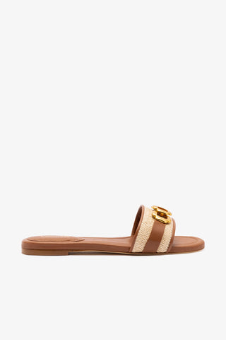 Franca Flat In Natural Raffia And Caramel Leather