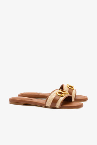 Franca Flat In Natural Raffia And Caramel Leather