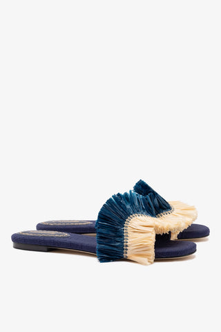Ivy Fringe Flat In Navy Raffia Flat - Sandal Larroudé