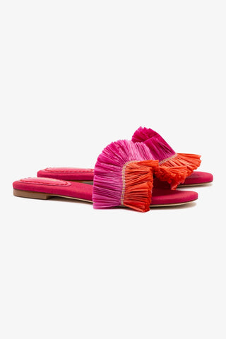 Ivy Fringe Flat In Pink and Orange Raffia