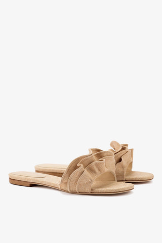 Ivy Ruffle Flat Mule In Beige Raffia Flat - Sandal Larroudé