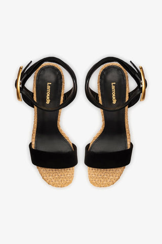 Dolly Verona Sandal In Black Suede and Natural Raffia