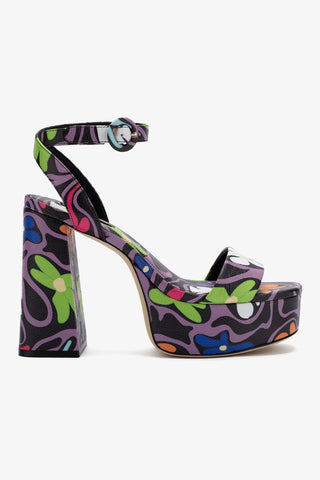 Dolly Sandal In Black Flower Power Print Leather