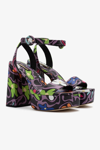 Dolly Sandal In Black Flower Power Print Leather