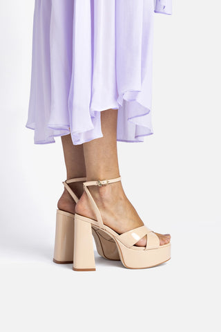 Dolly X Platform Sandal In Sand Patent Leather Sandal Larroudé