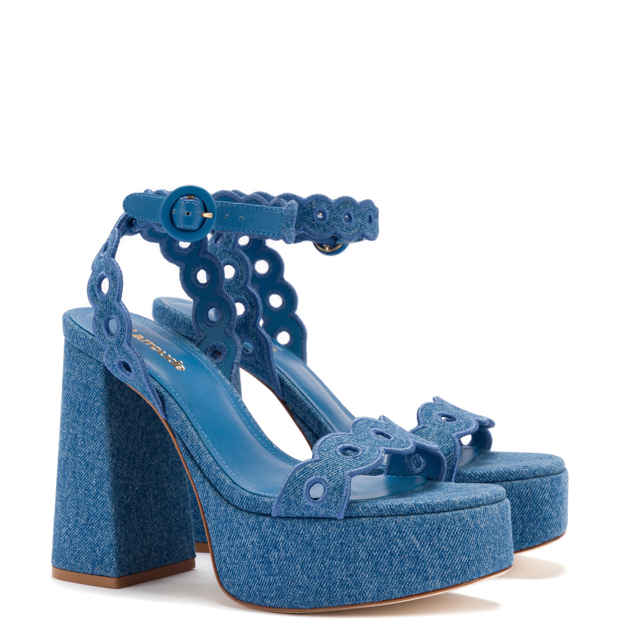 Dolly Broderie Sandal In Blue Stoned Denim