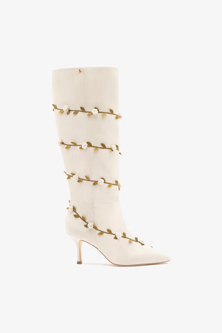 Larroudé x Tanner Fletcher: Kate Mid Rose Vines Boot Ivory Leather Boot Larroudé x Tanner Fletcher