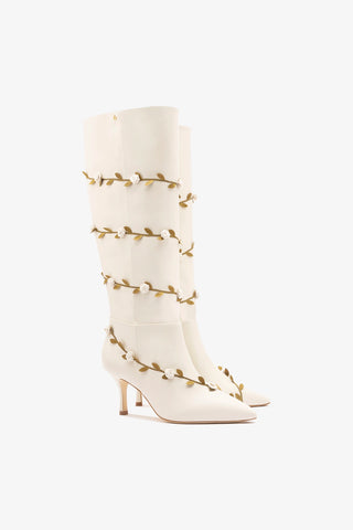 Larroudé x Tanner Fletcher: Kate Mid Rose Vines Boot Ivory Leather Boot Larroudé x Tanner Fletcher