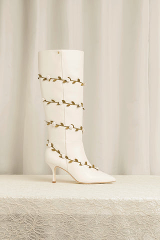 Larroudé x Tanner Fletcher: Kate Mid Rose Vines Boot Ivory Leather Boot Larroudé x Tanner Fletcher