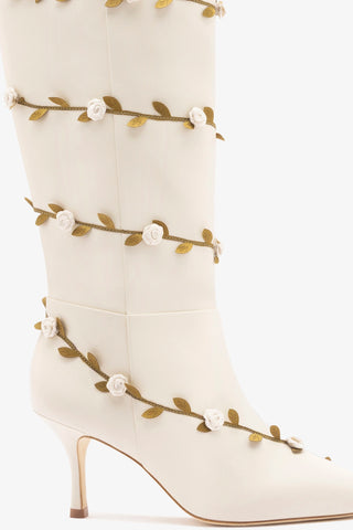 Larroudé x Tanner Fletcher: Kate Mid Rose Vines Boot Ivory Leather Boot Larroudé x Tanner Fletcher