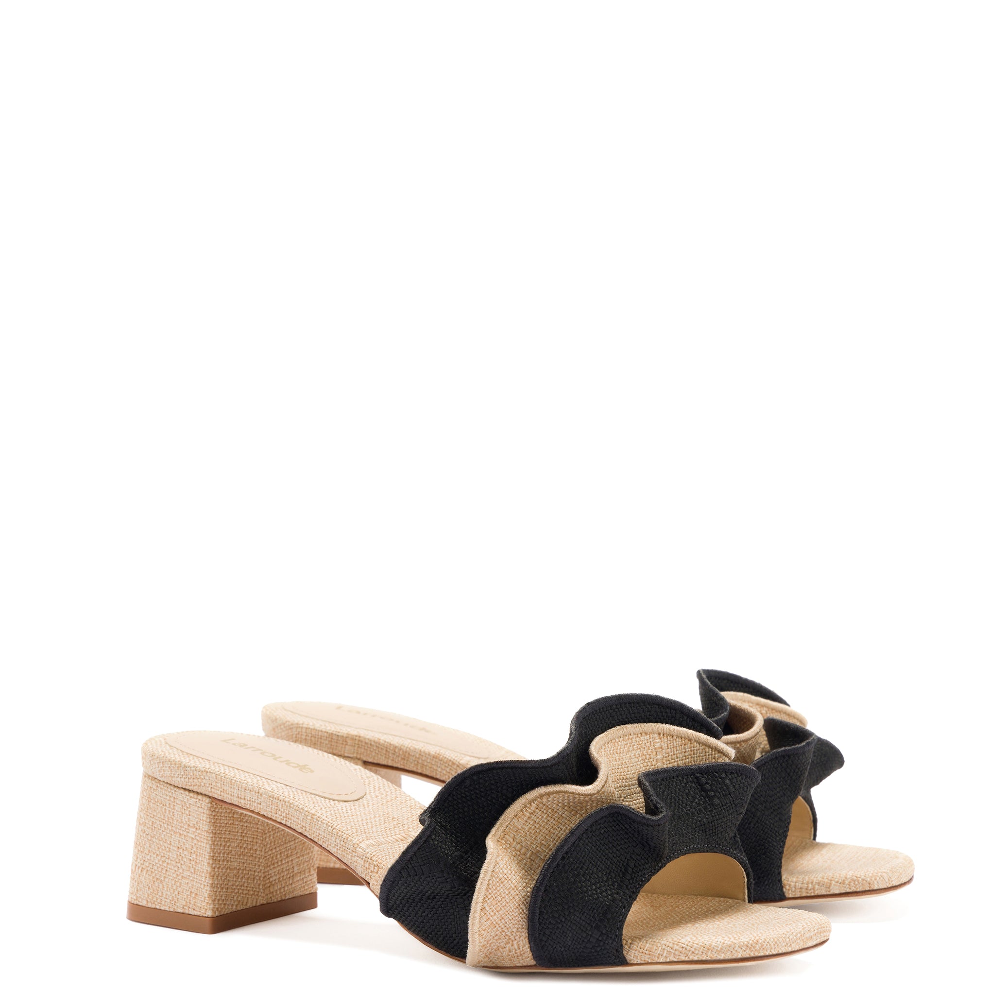 Loeffler Randall Vera deals Ruffle Block Heel Sandal Black Suede